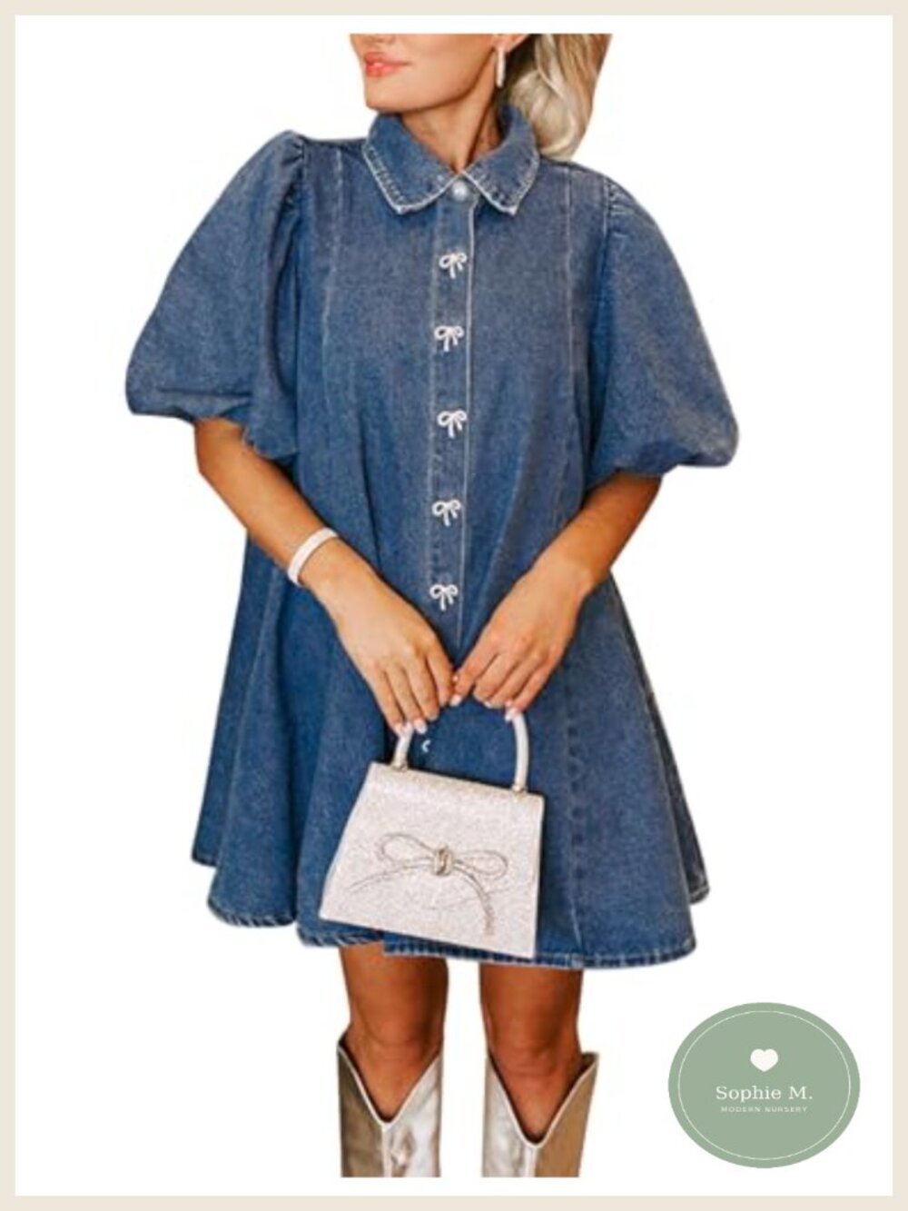 Denim Babydoll Mini Dress Puff Sleeve Lapel Collar Diamond Bow